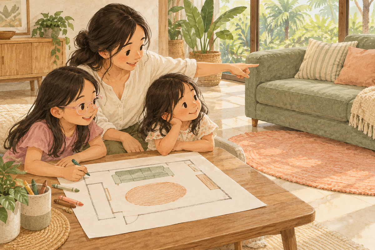 A mother and two daughters compare a handmade room map with their sofa and rug; the older daughter wears pale-pink glasses.