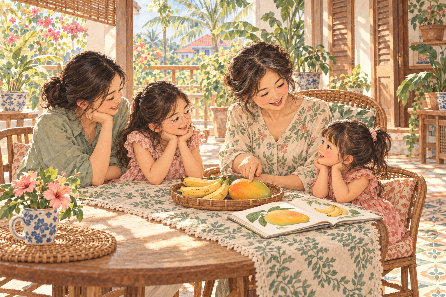 Watercolour illustration of a mother, younger-looking grandmother and two girls talking about fruit on a Malaysian veranda; the older girl wears pink glasses.