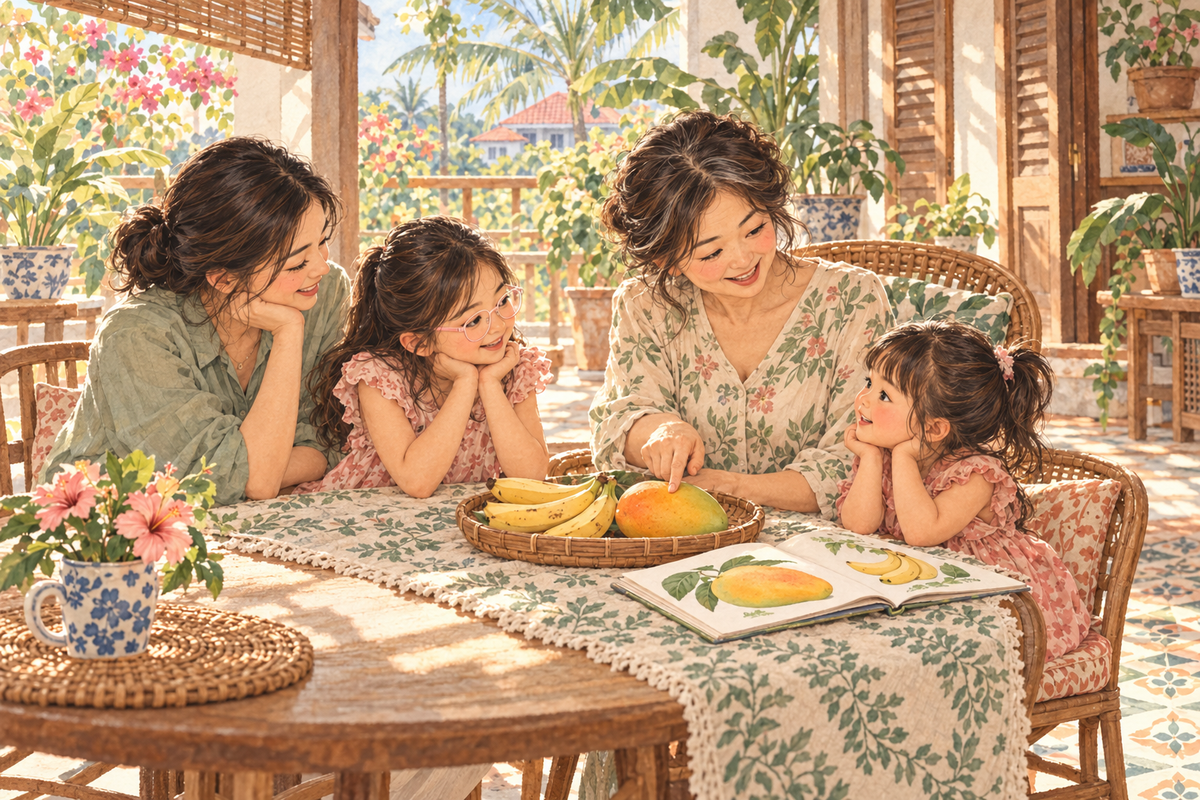 Watercolour illustration of a mother, younger-looking grandmother and two girls talking about fruit on a Malaysian veranda; the older girl wears pink glasses.