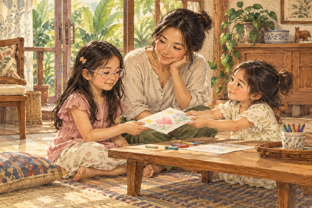 Watercolor illustration of a mother and two daughters reconnecting over a drawing.