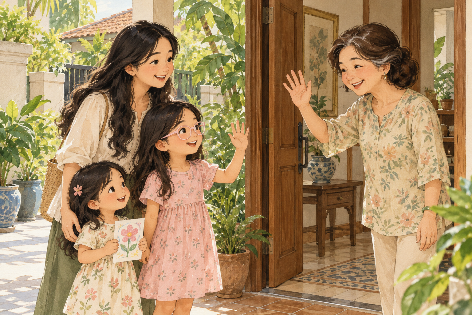 Watercolor illustration of a mother and two daughters waving hello to their grandmother at her doorway.