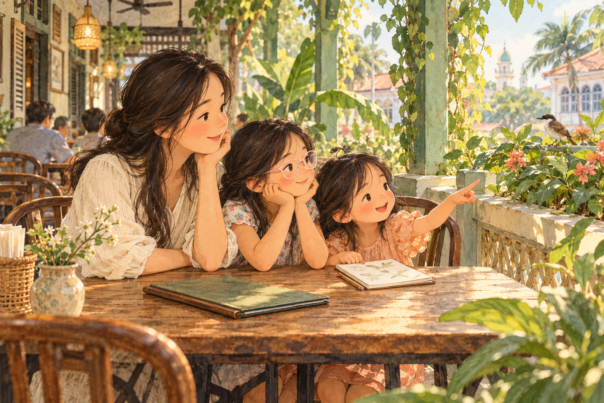 Watercolor illustration of a mother and two daughters spotting a bird while waiting at a Malaysian café.
