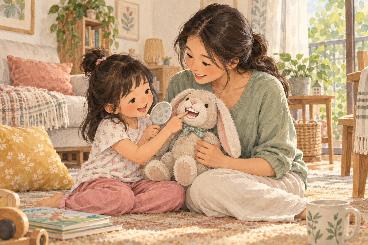 Watercolour storybook illustration of a mother and young daughter practising a dental check-up on a plush rabbit at home, with the child holding a mirror.