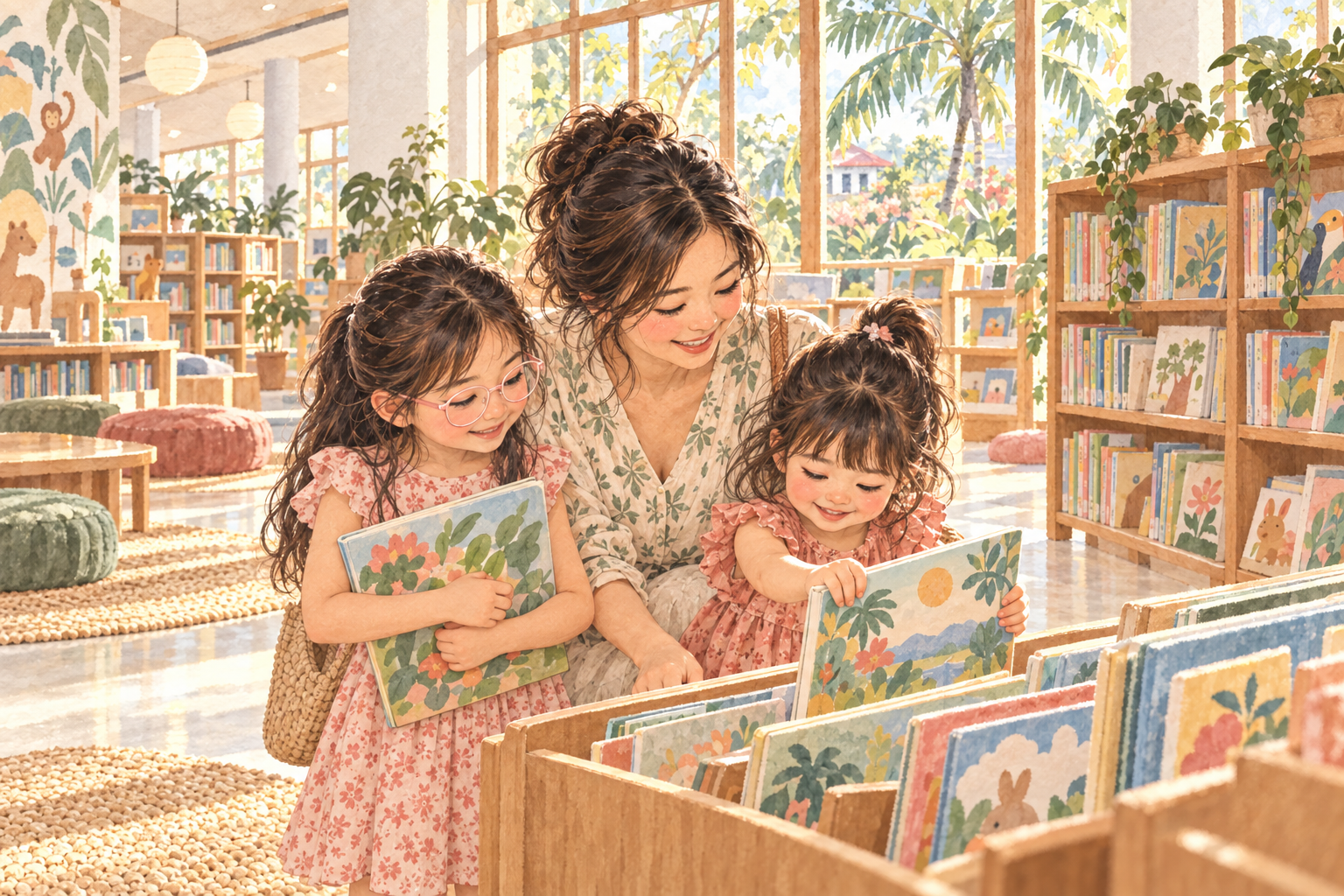 Illustration of a mother and two children choosing picture books in a bright library.