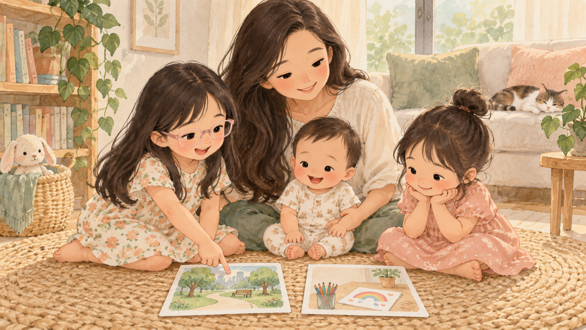 Watercolour illustration of a mother, two daughters and baby choosing a simple weekend activity at home; the older daughter wears pale pink glasses.