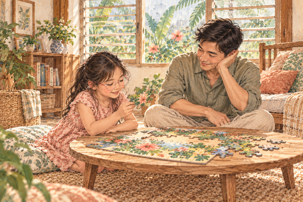 Watercolour illustration of a father sitting beside his daughter as she explores a jigsaw puzzle.