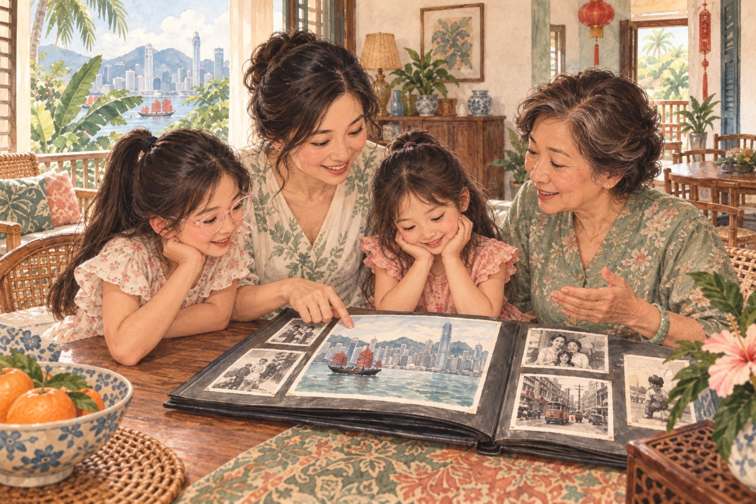 Storybook illustration of a mother, two daughters and grandmother sharing a family album