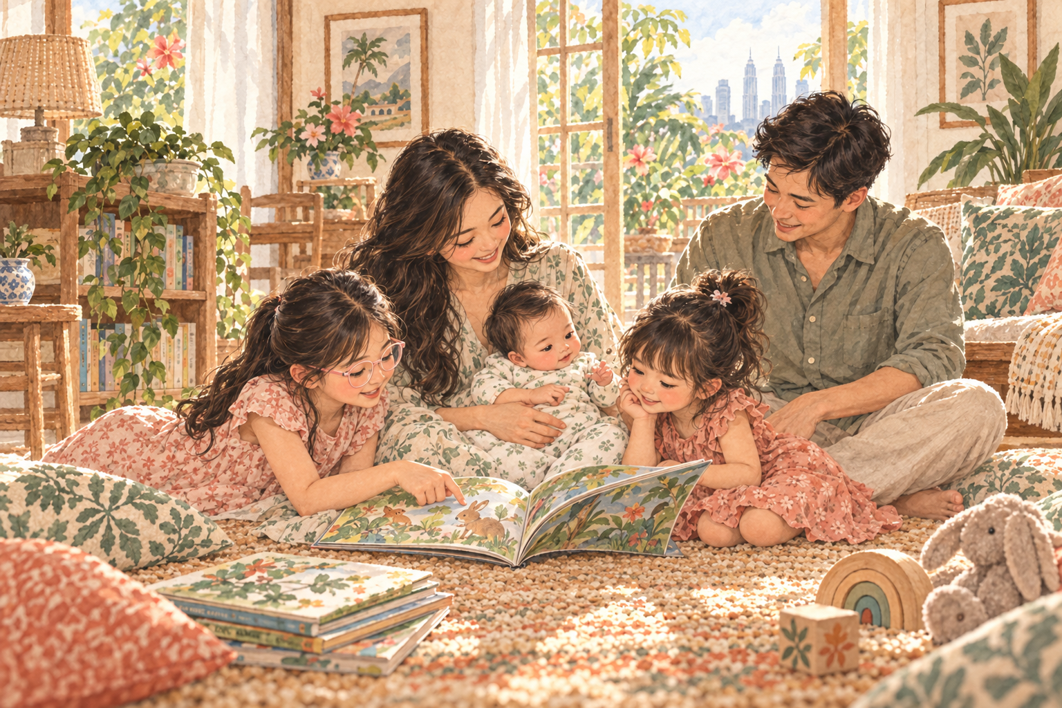 Watercolour storybook illustration of two sisters looking at a picture book beside their mother, father and newborn baby in a sunlit home; the older sister wears pale-pink glasses.