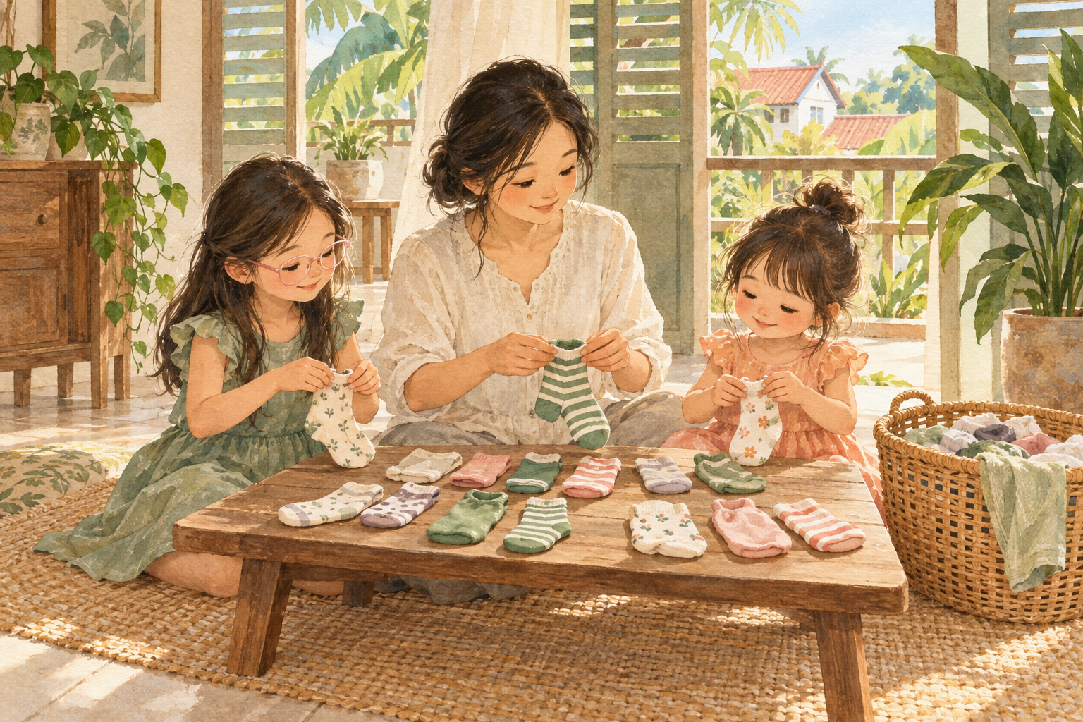 Watercolor illustration of a mother and two daughters matching clean socks in a Malaysian home.