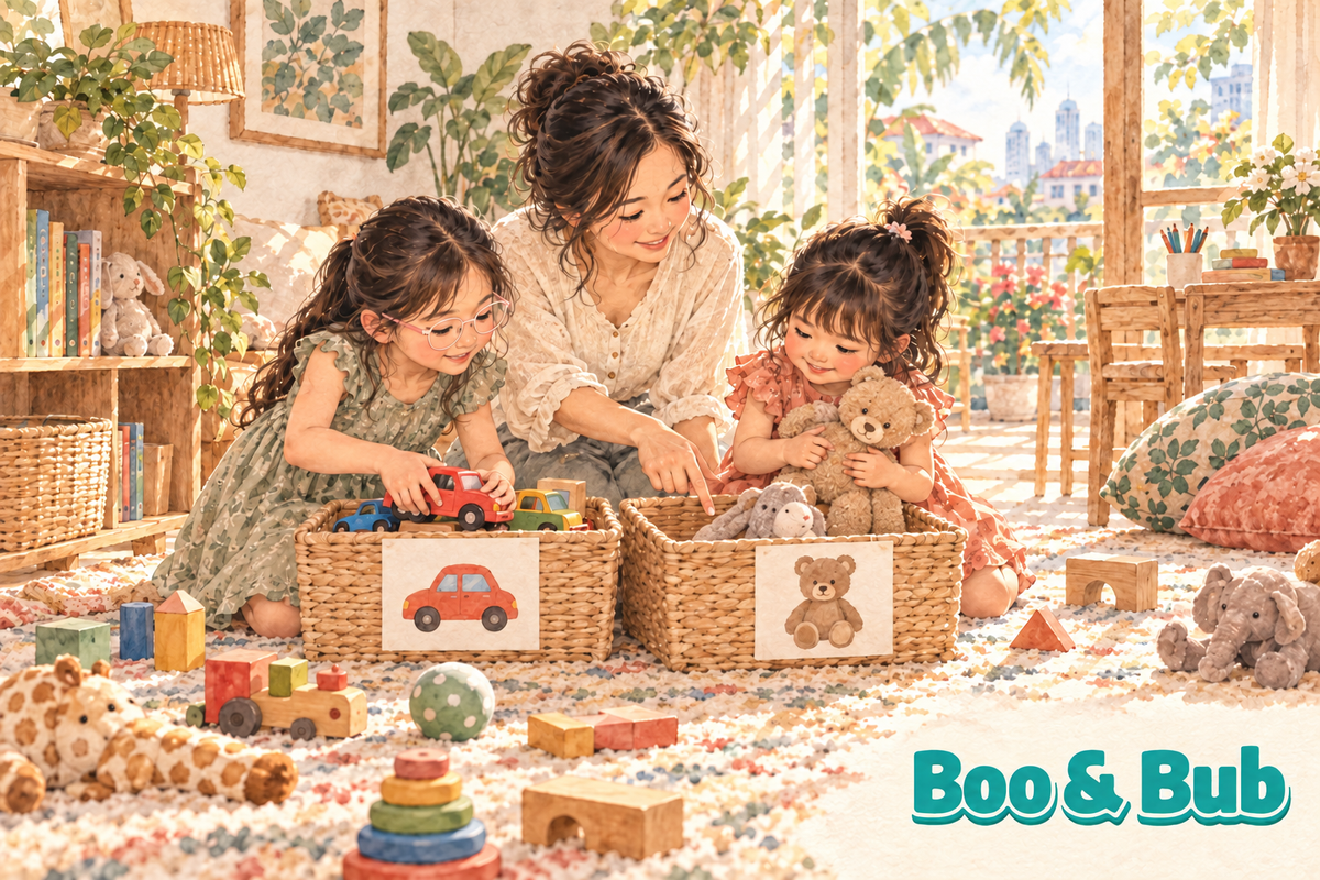 Watercolor illustration of a mother and two daughters putting toy cars and soft toys in picture-labelled baskets.