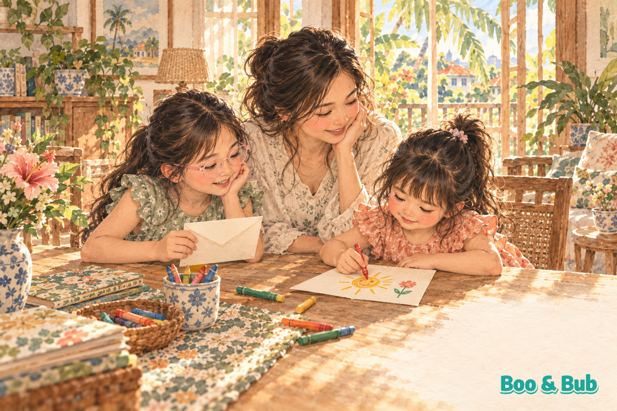 Watercolor illustration of a mother and two daughters making a picture note for someone far away.
