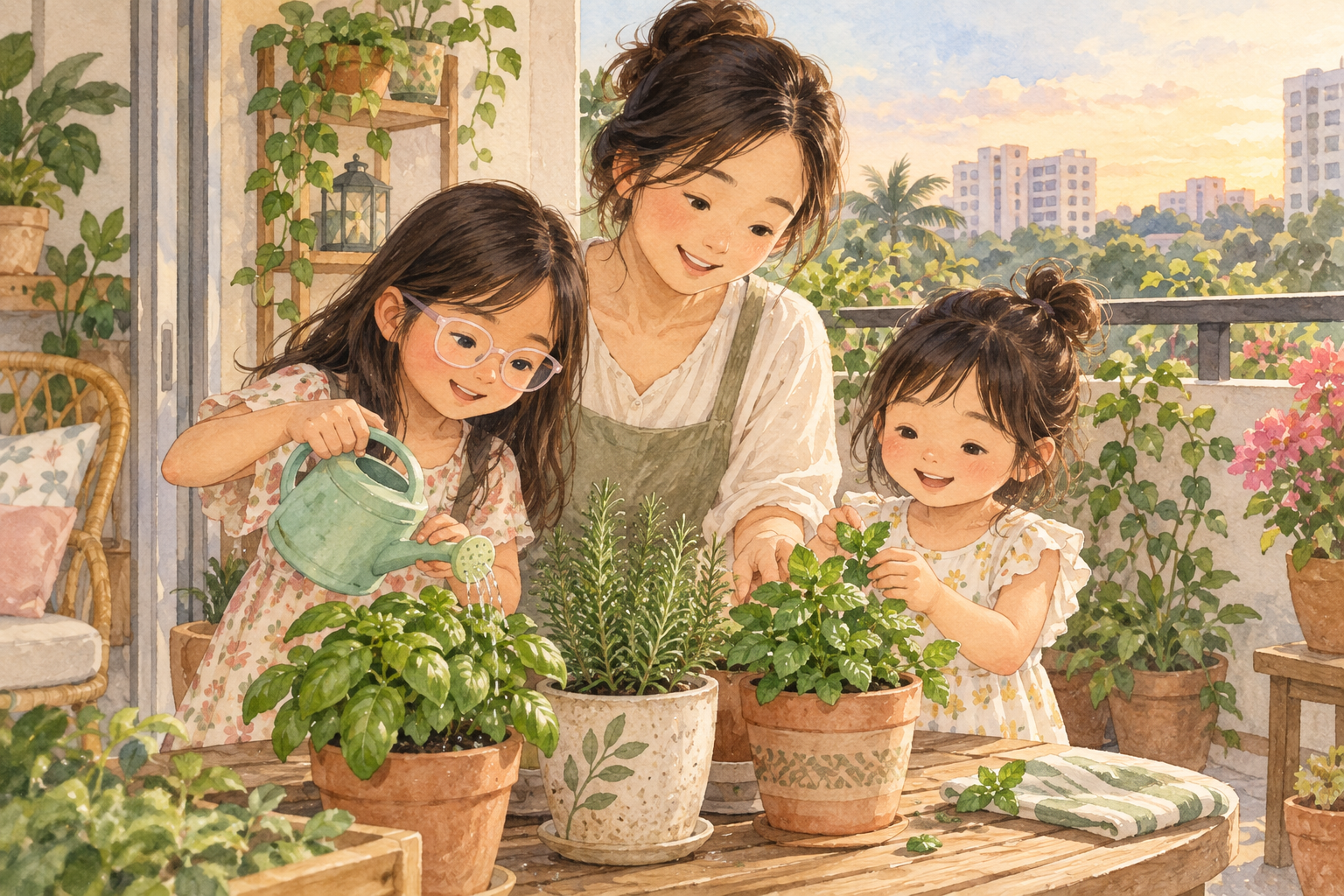 Watercolor illustration of a mother and two daughters watering balcony plants together in a Malaysian home.