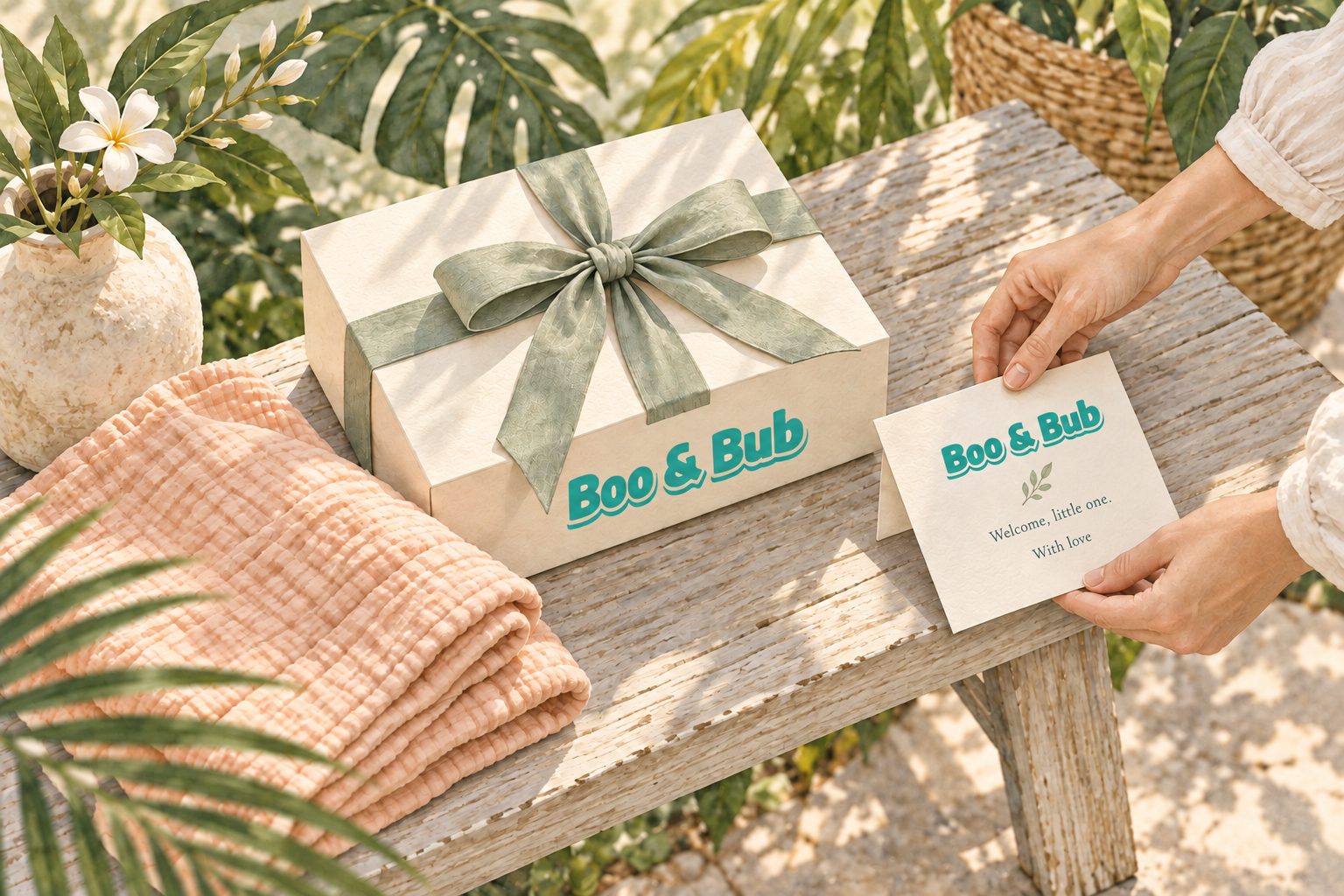 Illustrated Boo & Bub gift box with sage ribbon and matching welcome note
