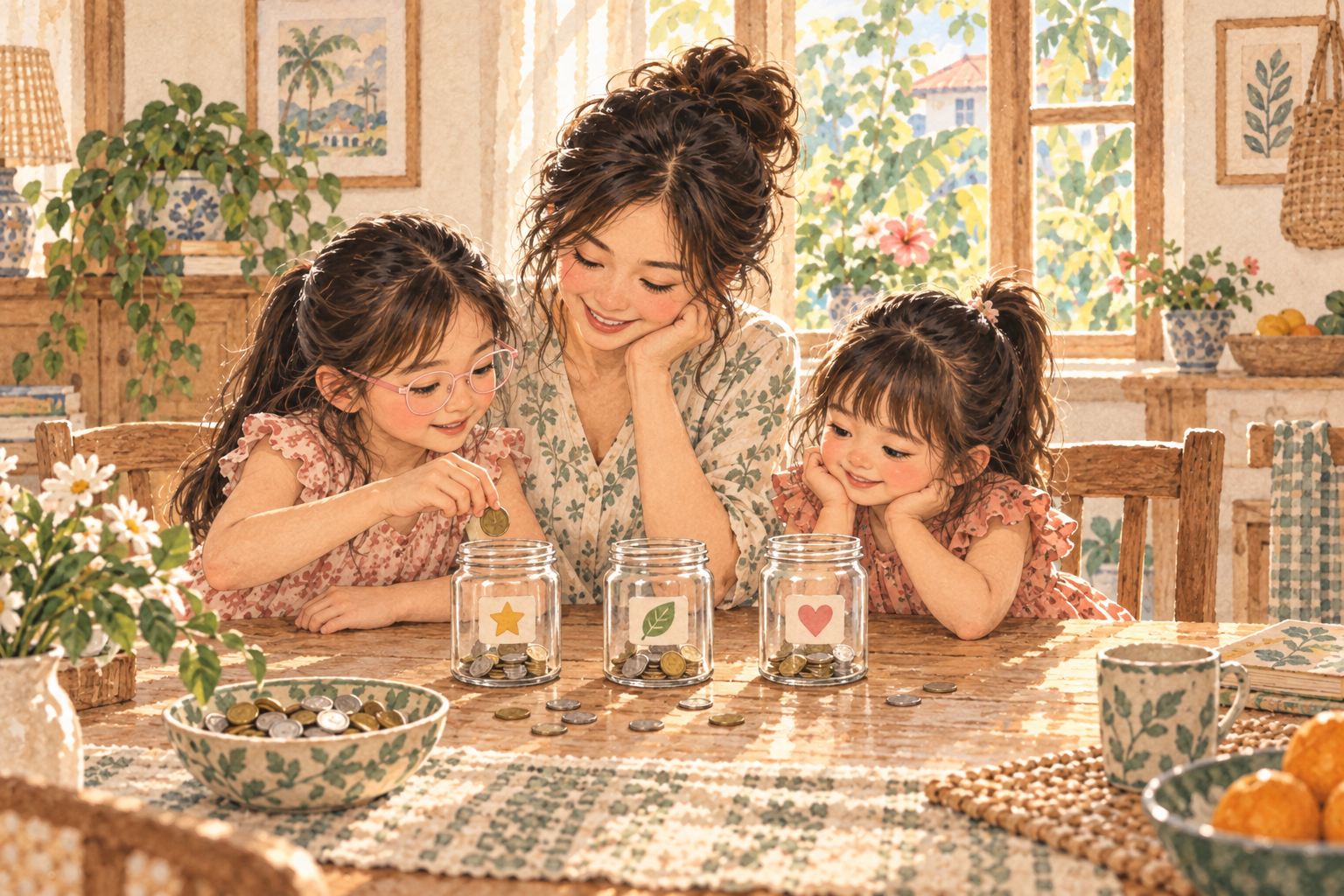 Watercolour illustration of a mother and two daughters sorting coins into jars at home; the older daughter wears pale-pink glasses.