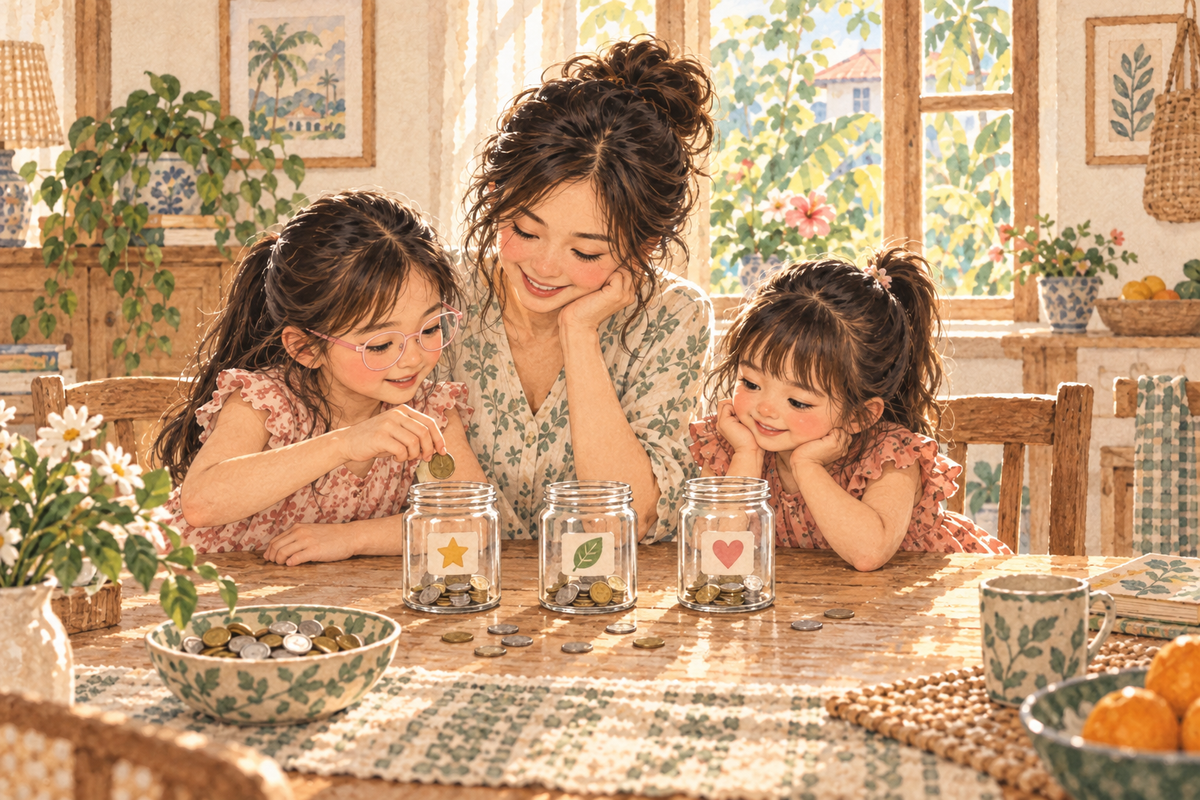 Watercolour illustration of a mother and two daughters sorting coins into jars at home; the older daughter wears pale-pink glasses.