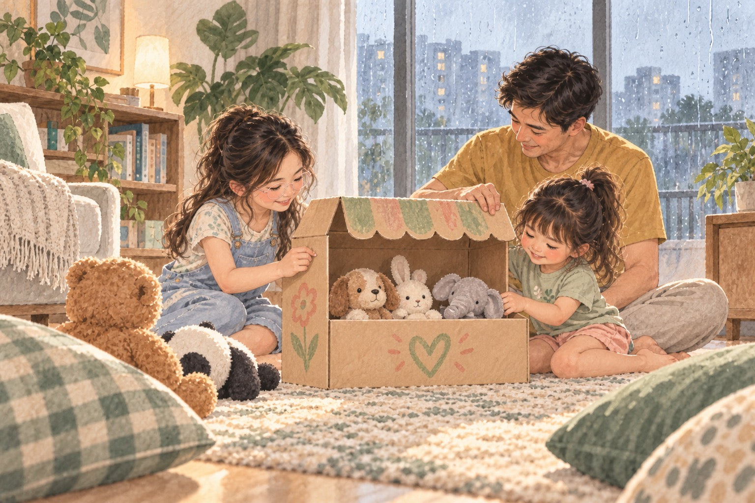Watercolor father and two daughters playing pretend shop on a rainy afternoon