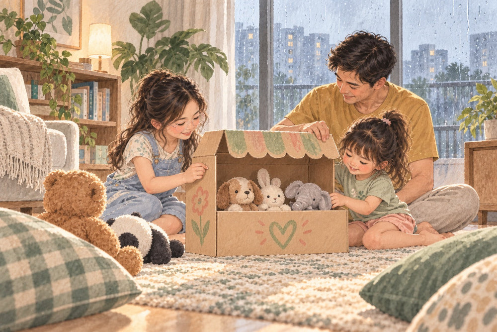Watercolor father and two daughters playing pretend shop on a rainy afternoon