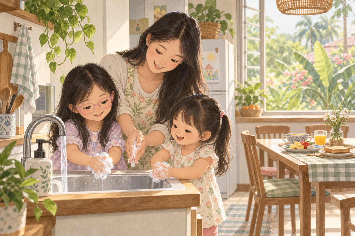 Watercolor illustration of a mother and two daughters washing hands before breakfast in a warm Malaysian kitchen.