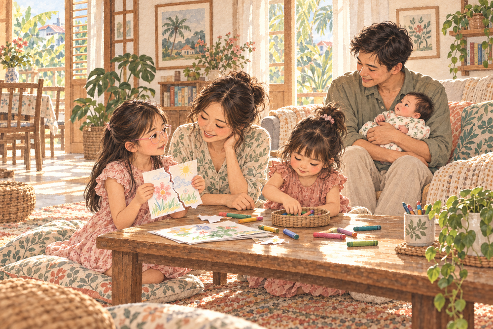 Watercolour illustration of a mother listening as her daughter shows a torn drawing, while her sister gathers crayons and their father holds the baby nearby.