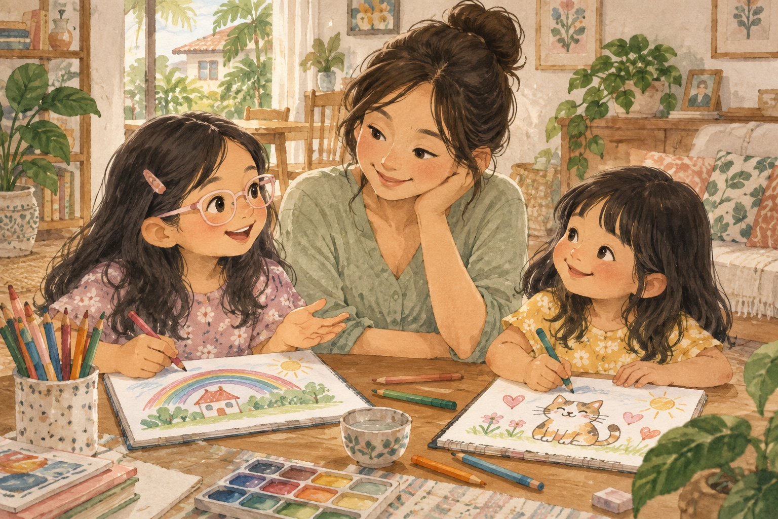 Watercolor illustration of a mother listening to two daughters drawing at a table together.