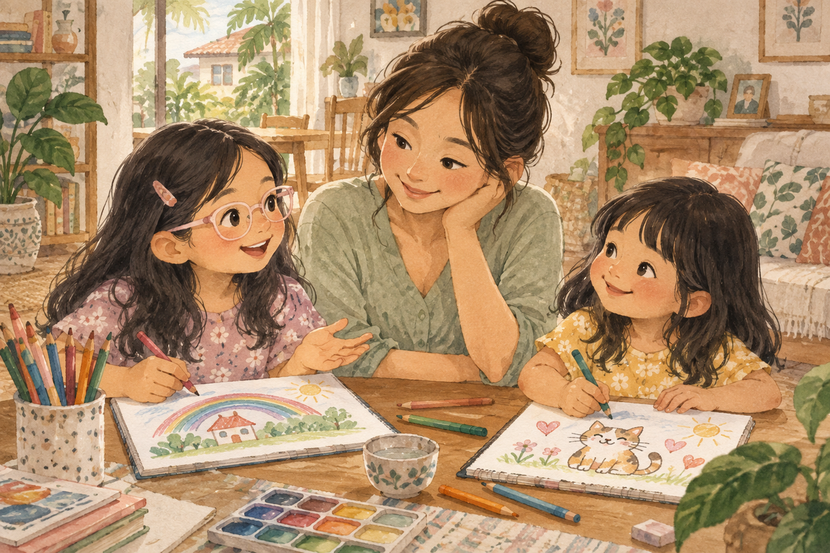 Watercolor illustration of a mother listening to two daughters drawing at a table together.