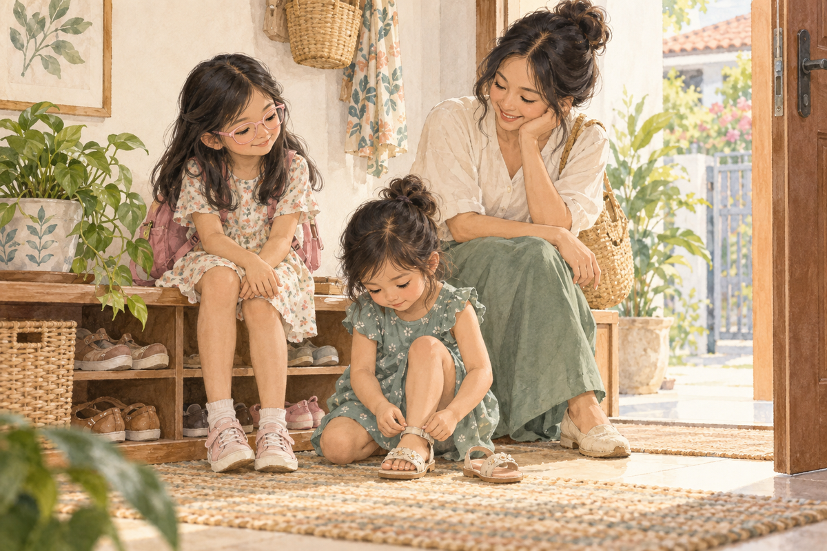 Watercolor illustration of a mother patiently watching two daughters get ready by the door; the older girl wears pale pink glasses.