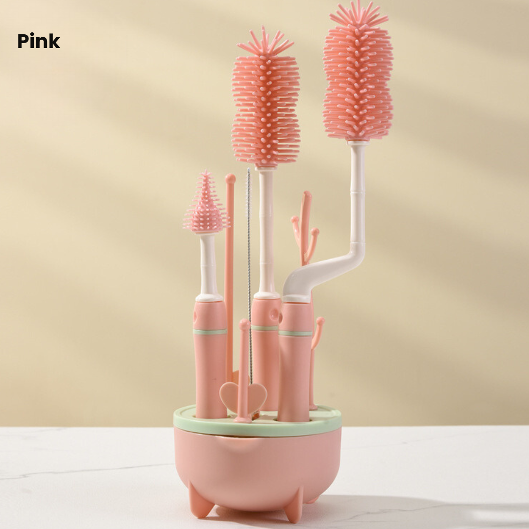3 Pcs Baby Feeding Bottle Cleaning Brushes Set | Rotary Handle Milk Bottle Washing Nipple Cleaner Soft Silicone - Boo & Bub