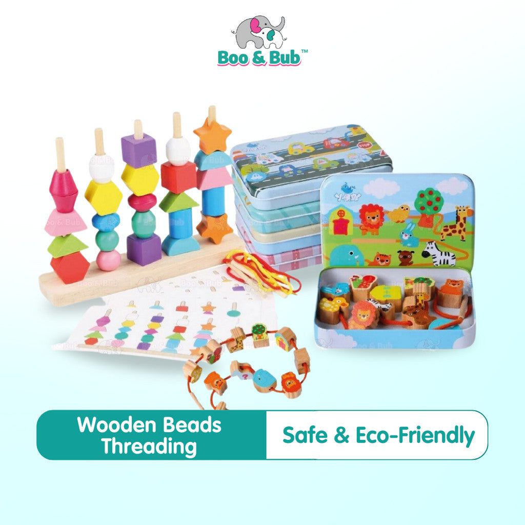 Baby Wooden Beads String with Metal Box | Toy Cartoon Fruit Animal toy Early Learning Educational Montessori - Boo & Bub