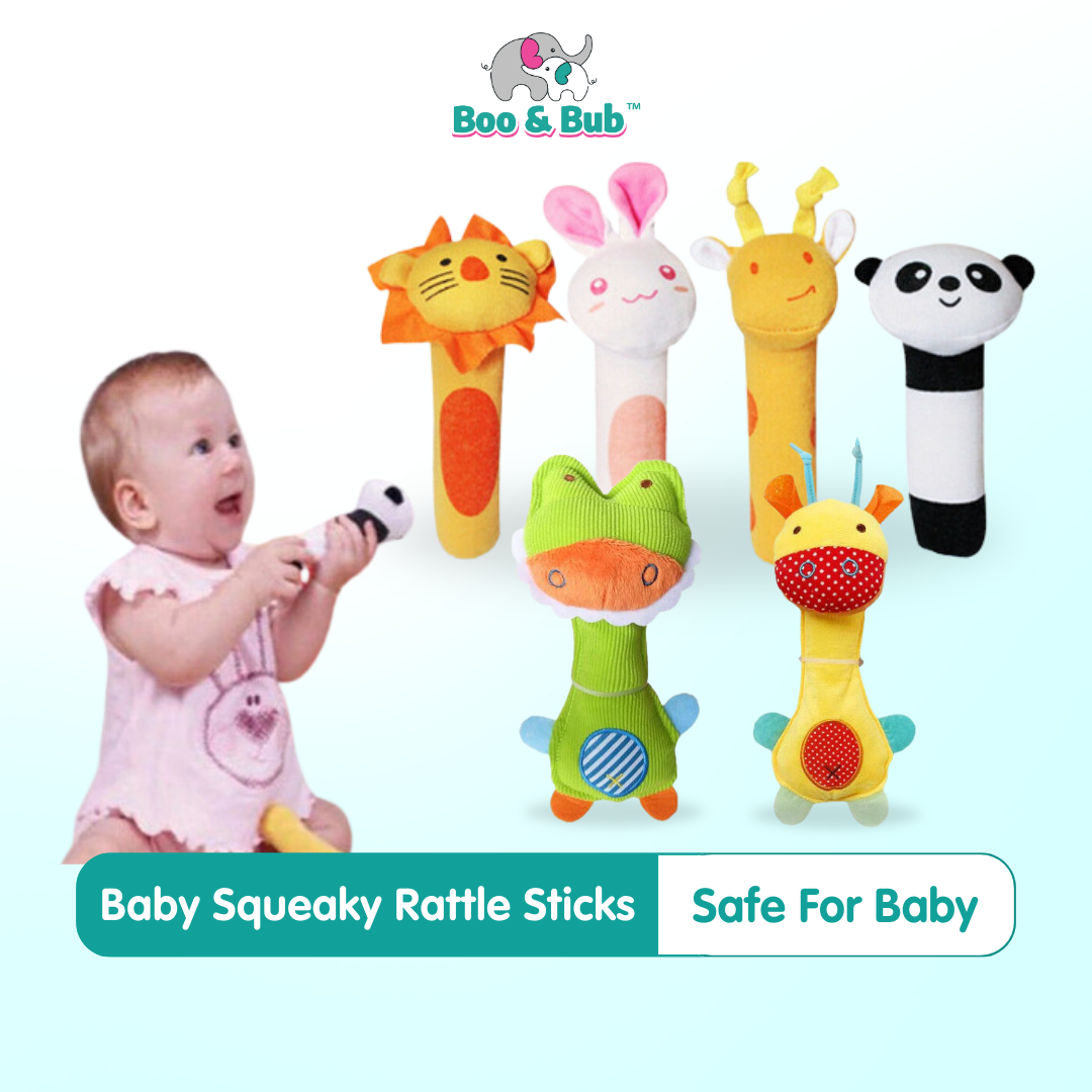 Baby squeaky rattle BB Sticks | Beep Soft Plush Doll Crib Hanging Hand Montessori Educational Toy Animal Doll - Boo & Bub