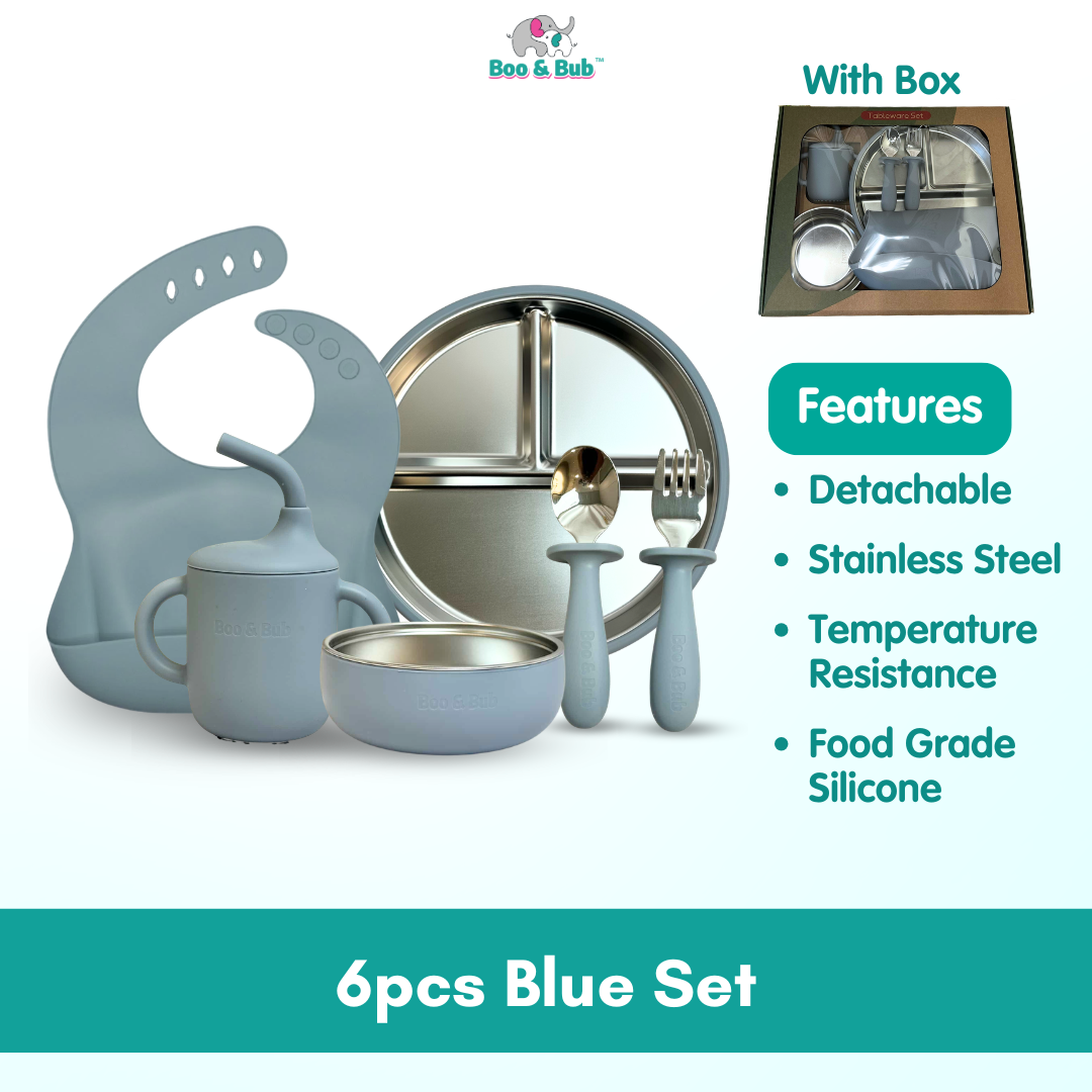Boo&Bub Baby Stainless Steel Tableware Set 5pcs BPA-Free Silikon Hisap Anti-Tumpah Set Pinggan Mangkuk Bayi 儿童餐具 吸盘防滑 - Boo & Bub