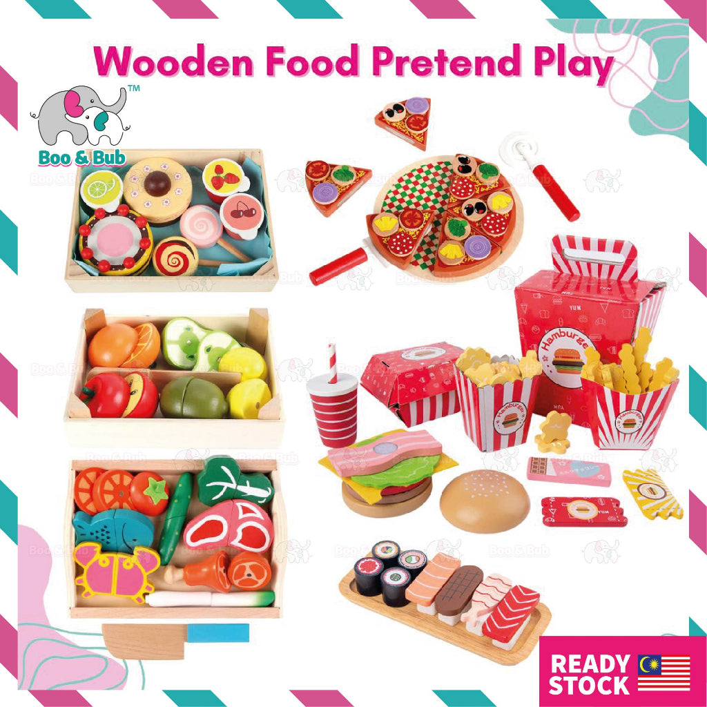 Boo&Bub Wooden Food Cooking Simulation | Tableware Children Kitchen Pretend Play Toy Fruit Vegetable Pizza Cutting - Boo & Bub