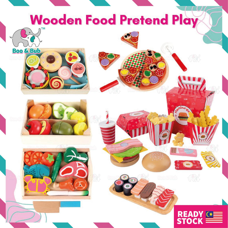 Boo&Bub Wooden Food Cooking Simulation | Tableware Children Kitchen Pretend Play Toy Fruit Vegetable Pizza Cutting
