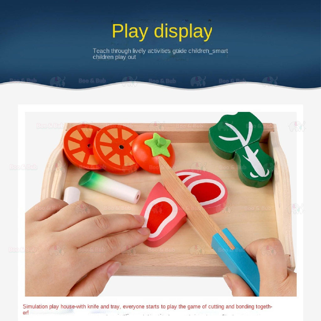 Boo&Bub Wooden Food Cooking Simulation | Tableware Children Kitchen Pretend Play Toy Fruit Vegetable Pizza Cutting - Boo & Bub