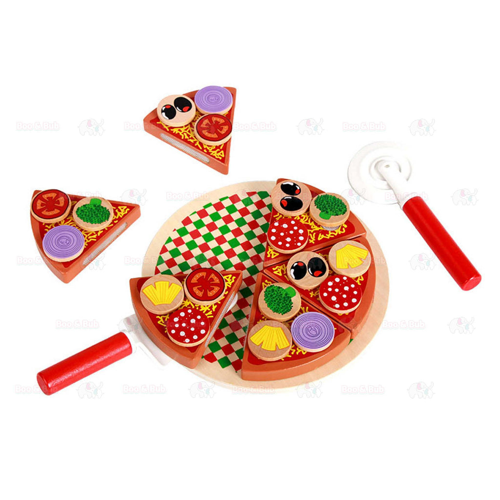 Boo&Bub Wooden Food Cooking Simulation | Tableware Children Kitchen Pretend Play Toy Fruit Vegetable Pizza Cutting - Boo & Bub