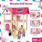 Boo&Bub Kids Pretend Play Toys Pink Wooden Dollhouse Wooden Dolls House Toys for Girls Princess Furniture set - Boo & Bub