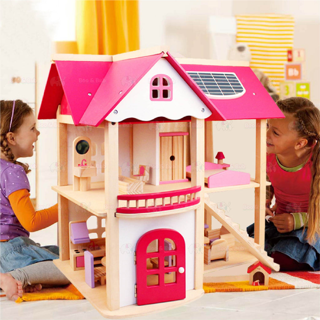 Boo&Bub Kids Pretend Play Toys Pink Wooden Dollhouse Wooden Dolls House Toys for Girls Princess Furniture set - Boo & Bub
