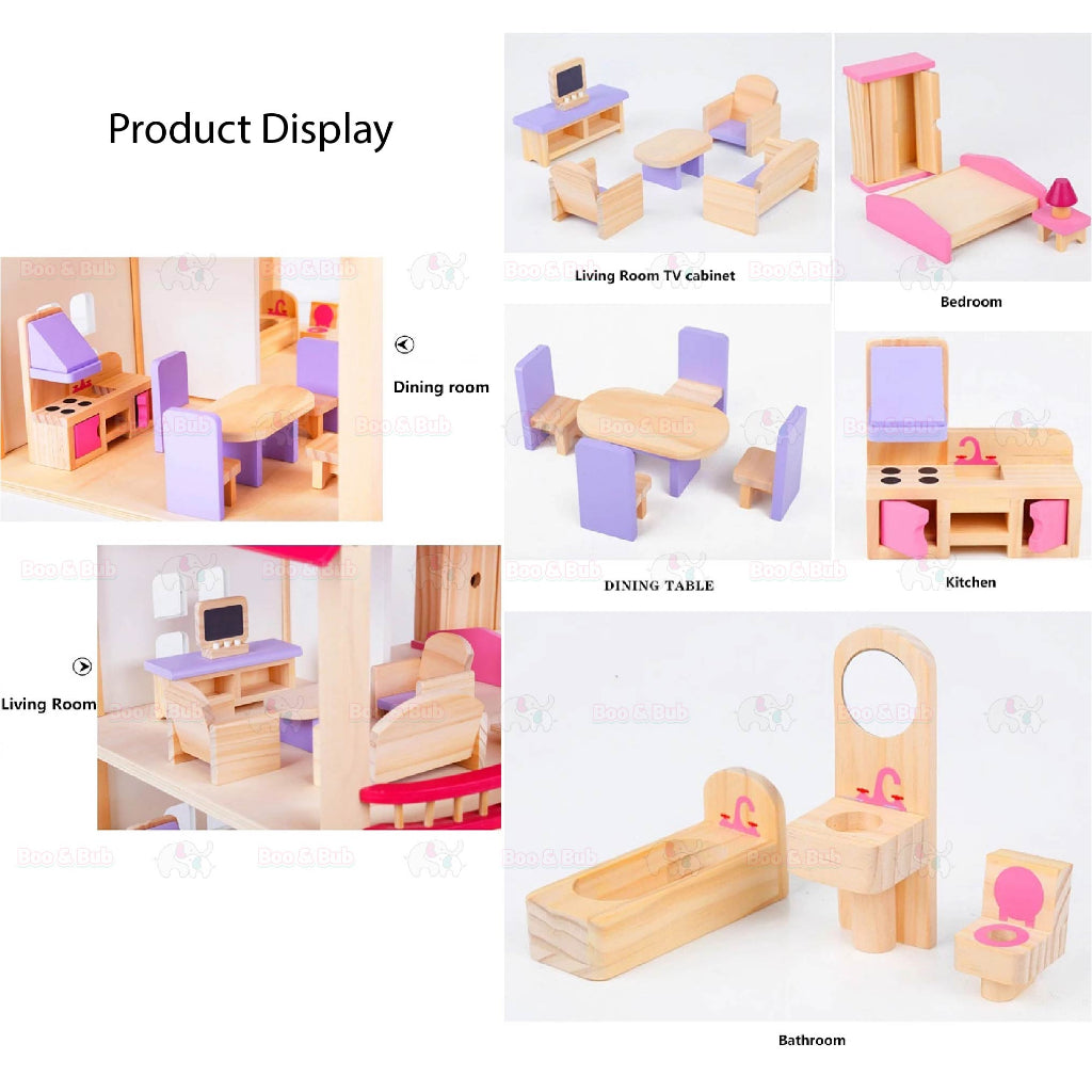 Boo&Bub Kids Pretend Play Toys Pink Wooden Dollhouse Wooden Dolls House Toys for Girls Princess Furniture set - Boo & Bub