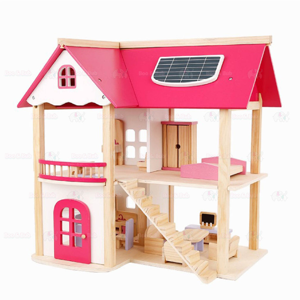 Boo&Bub Kids Pretend Play Toys Pink Wooden Dollhouse Wooden Dolls House Toys for Girls Princess Furniture set - Boo & Bub