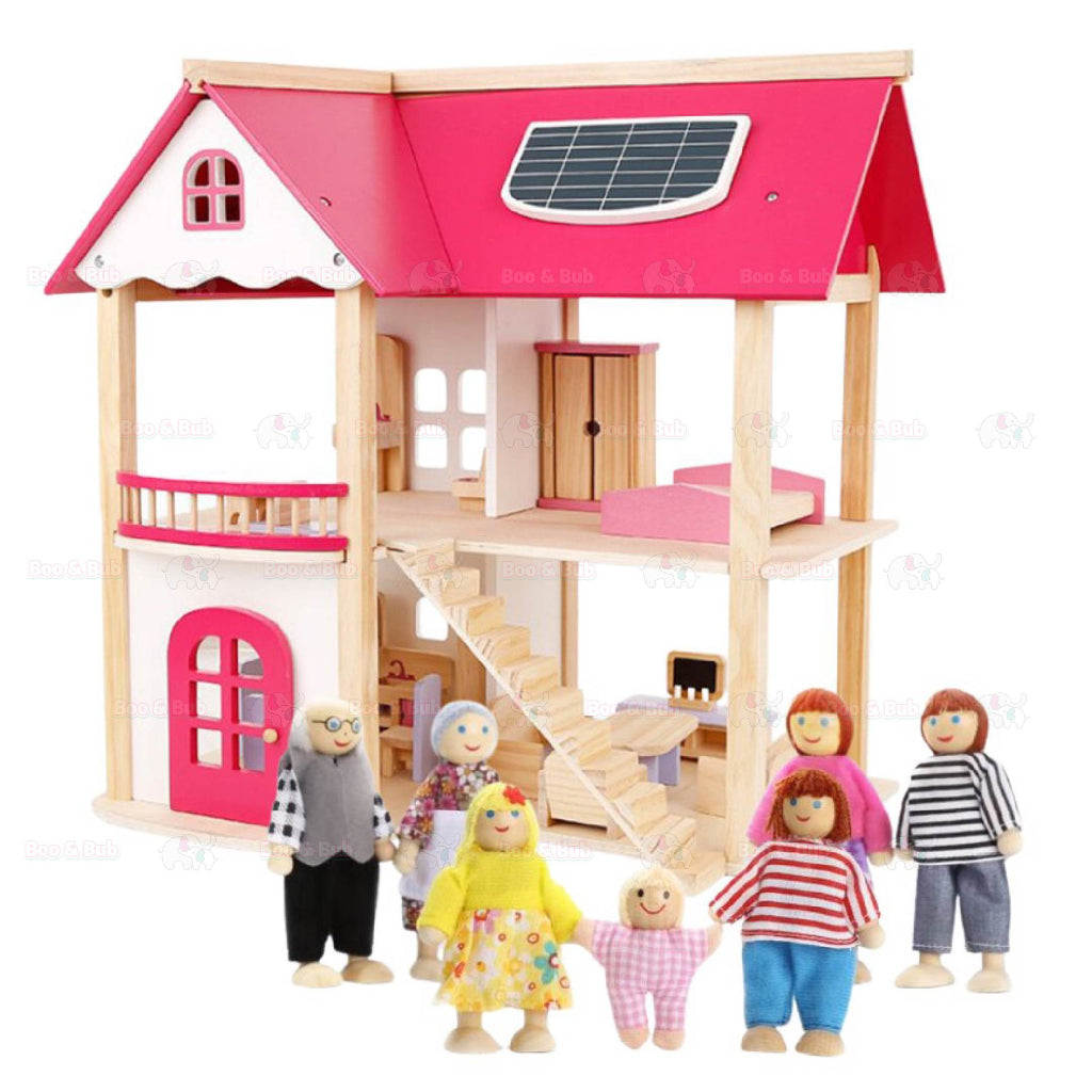 Boo&Bub Kids Pretend Play Toys Pink Wooden Dollhouse Wooden Dolls House Toys for Girls Princess Furniture set - Boo & Bub