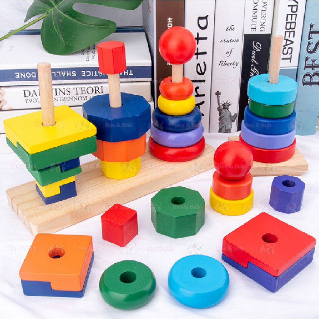 Boo&Bub Wooden Stacking Toys Rainbow stacking Ring Stacker Wooden Tower Hanoi Tower Montessori toys stacking block - Boo & Bub