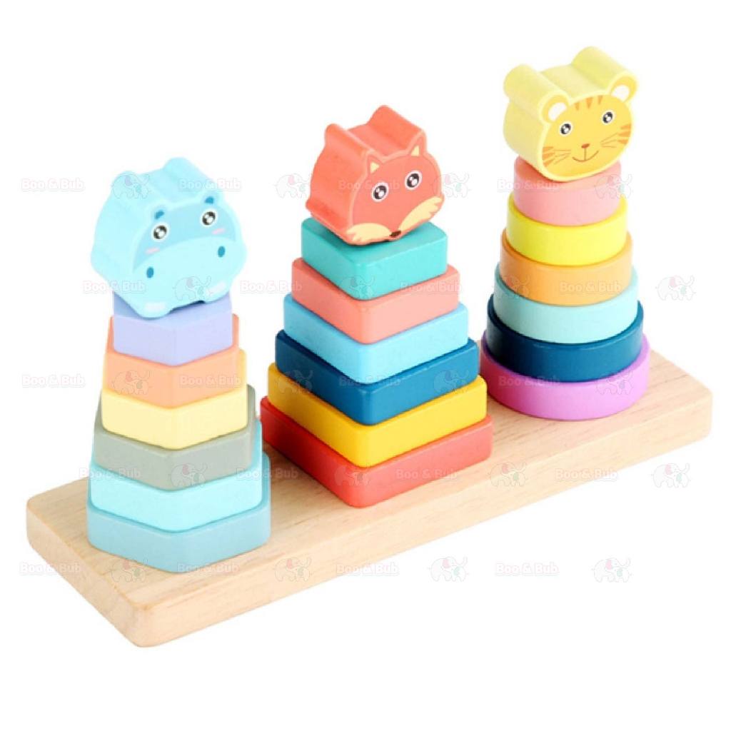 Boo&Bub Wooden Stacking Toys Rainbow stacking Ring Stacker Wooden Tower Hanoi Tower Montessori toys stacking block - Boo & Bub