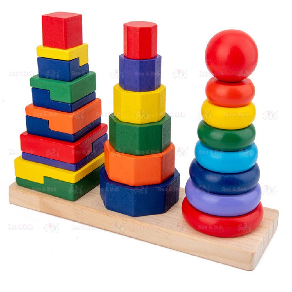 Boo&Bub Wooden Stacking Toys Rainbow stacking Ring Stacker Wooden Tower Hanoi Tower Montessori toys stacking block - Boo & Bub