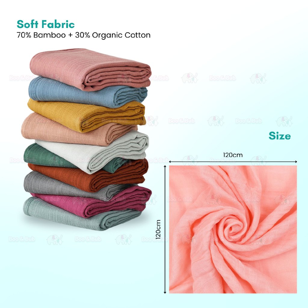 Boo&Bub Plain Color Bamboo Muslin Blanket Baby Swaddle Newborn Wrap Kain Bedung Kain Selimut Napkin Lampin - Boo & Bub