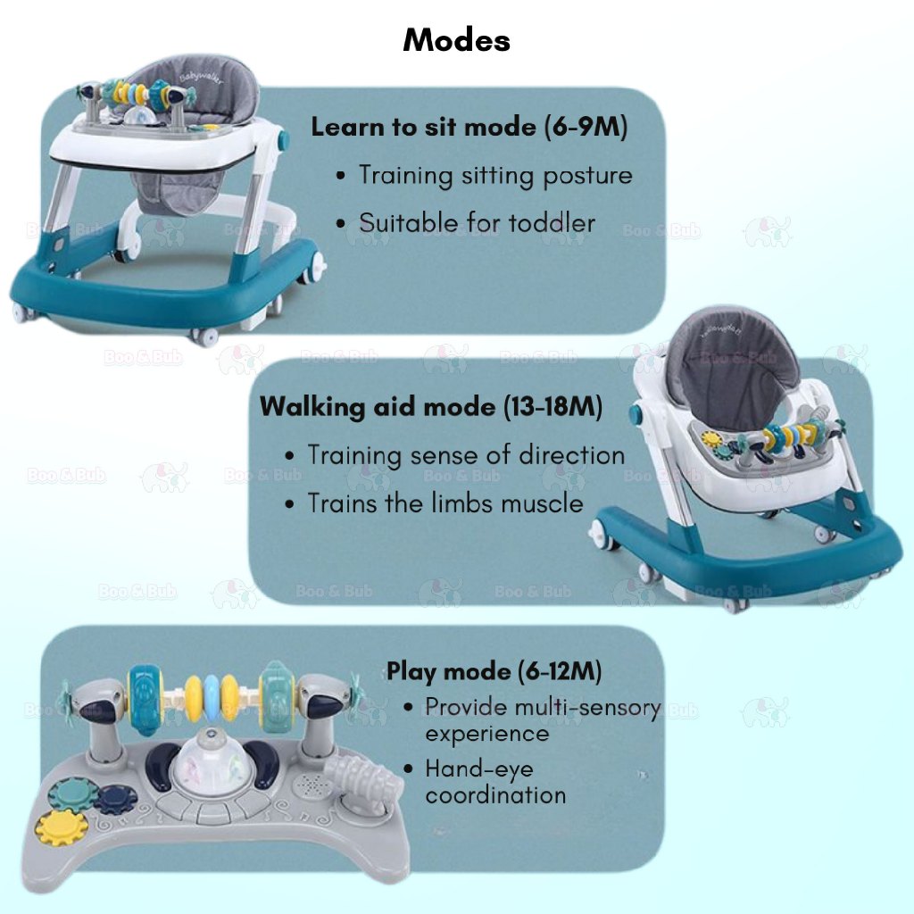 Boo&Bub 3in1 Baby Walker infant Learning Walking Car With Music Foldable Toddler Four Wheels Trolley Walk Assistance - Boo & Bub