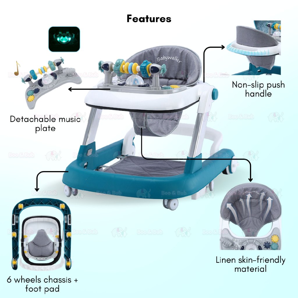 Boo&Bub 3in1 Baby Walker infant Learning Walking Car With Music Foldable Toddler Four Wheels Trolley Walk Assistance - Boo & Bub