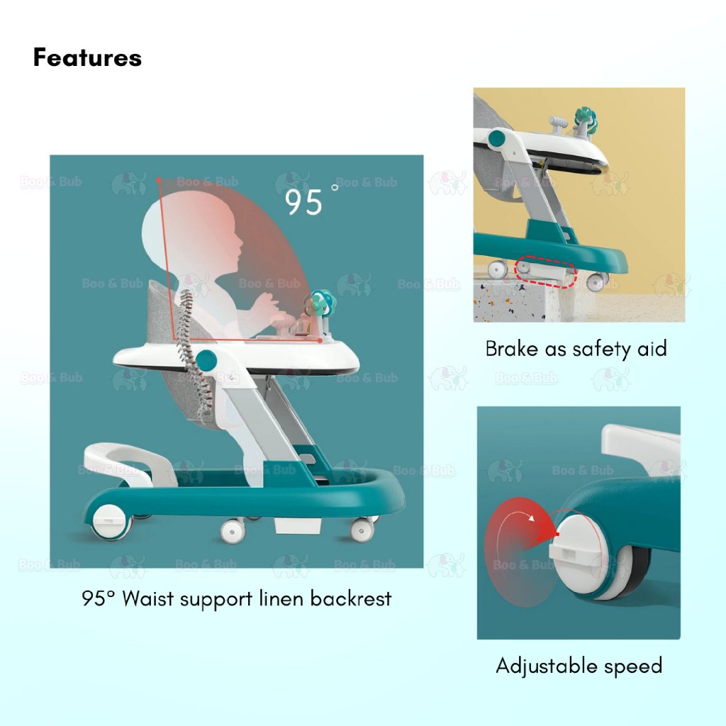 Boo&Bub 3in1 Baby Walker infant Learning Walking Car With Music Foldable Toddler Four Wheels Trolley Walk Assistance - Boo & Bub
