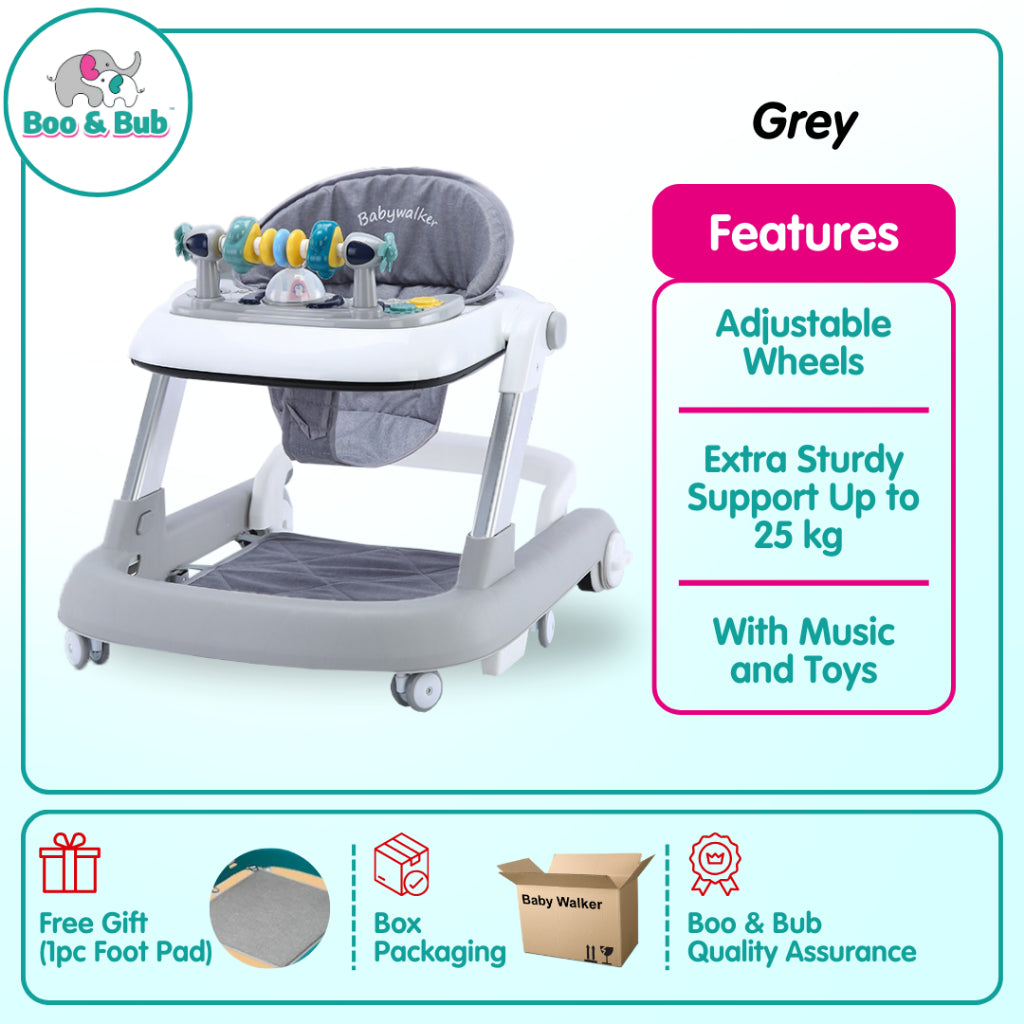 Boo&Bub 3in1 Baby Walker infant Learning Walking Car With Music Foldable Toddler Four Wheels Trolley Walk Assistance - Boo & Bub
