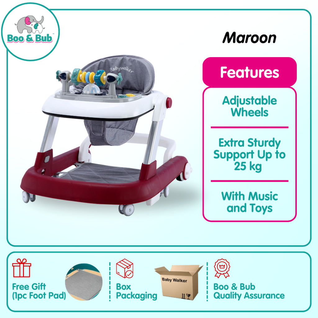 Boo&Bub 3in1 Baby Walker infant Learning Walking Car With Music Foldable Toddler Four Wheels Trolley Walk Assistance - Boo & Bub