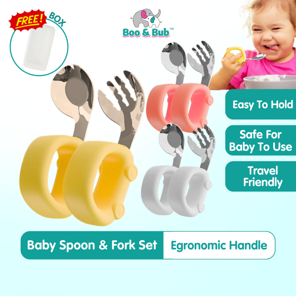 2pcs Silicone Baby Spoon and Fork Set Baby Infant Tableware Baby Training Spoon Fork Set Stainless Steel Feeding Spoon - Boo & Bub