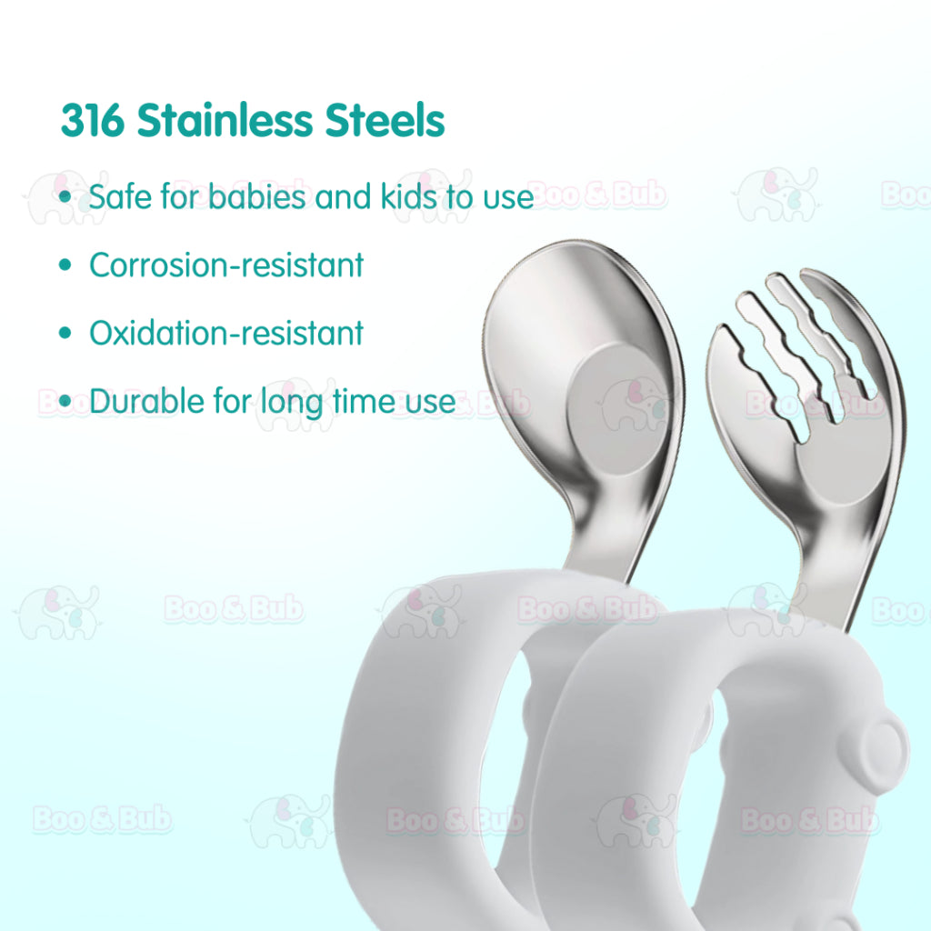 2pcs Silicone Baby Spoon and Fork Set Baby Infant Tableware Baby Training Spoon Fork Set Stainless Steel Feeding Spoon - Boo & Bub